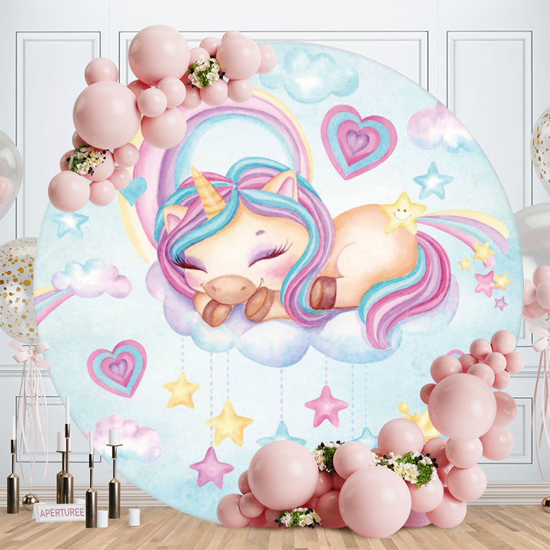 Aperturee - Blue Sky And Pink Unicorn Round Happy Birthday Backdrop