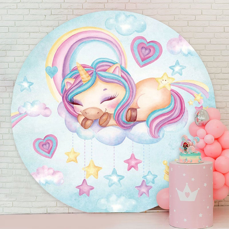 Aperturee - Blue Sky And Pink Unicorn Round Happy Birthday Backdrop