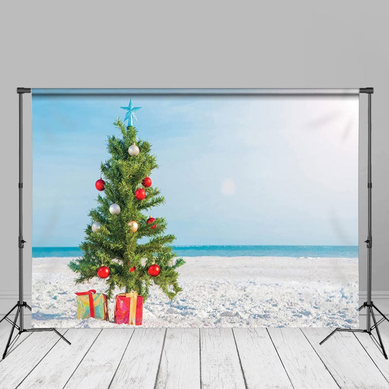 Aperturee - Blue Sky Beach Green Tree Christmas In July Backdrop