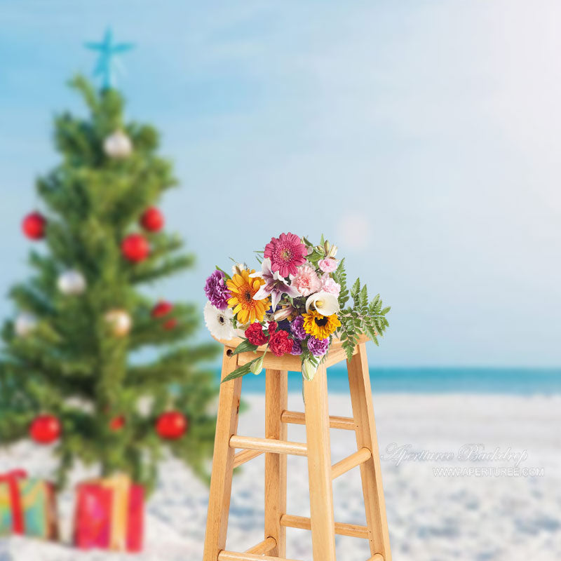 Aperturee - Blue Sky Beach Green Tree Christmas In July Backdrop