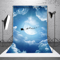 Aperturee - Blue Sky Cloud Elk Sleigh Christmas Photo Backdrop