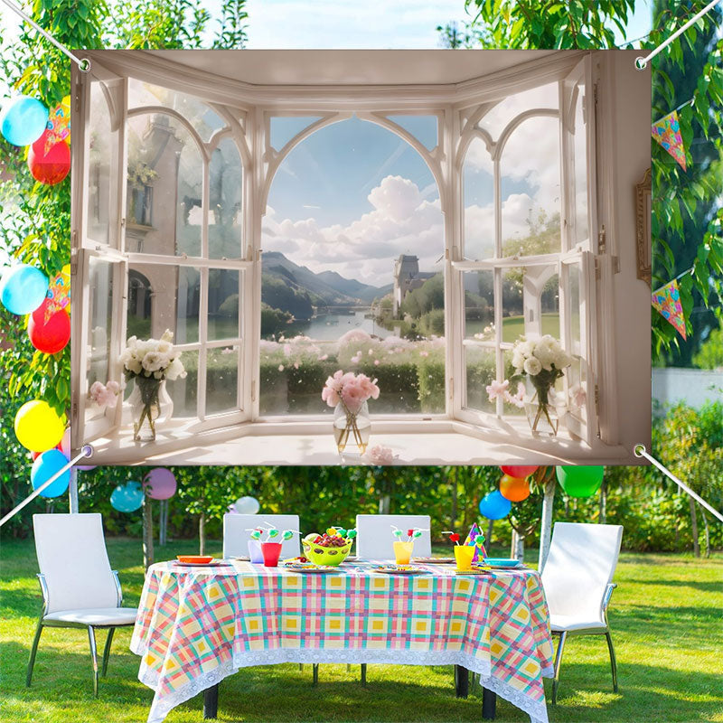 Aperturee - Blue Sky Cloud Mountain Spring Window Floral Backdrop