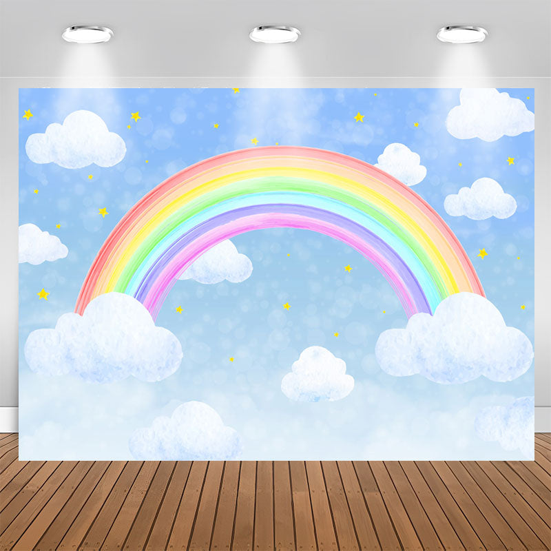 Aperturee - Blue Sky Cloud Rainbow Star Themed Party Backdrop for Birthday