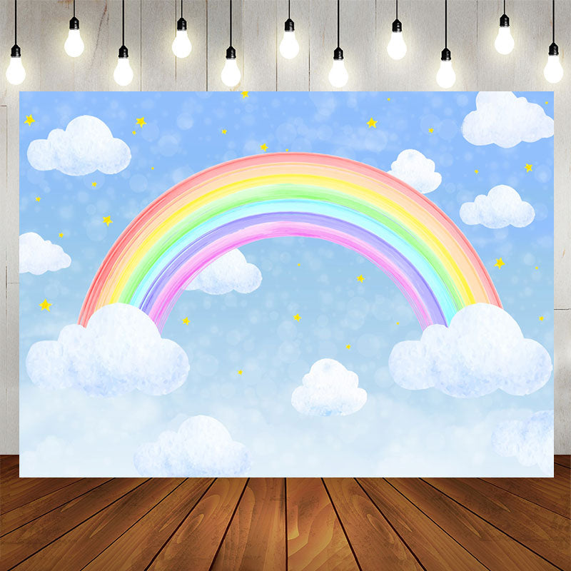 Aperturee - Blue Sky Cloud Rainbow Star Themed Party Backdrop for Birthday