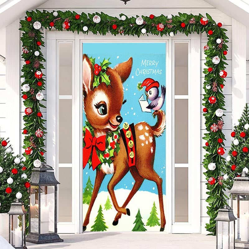 Aperturee - Blue Sky Cute Deer Bird Snowy Christmas Door Cover