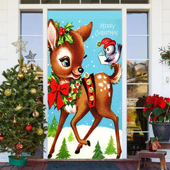 Aperturee - Blue Sky Cute Deer Bird Snowy Christmas Door Cover