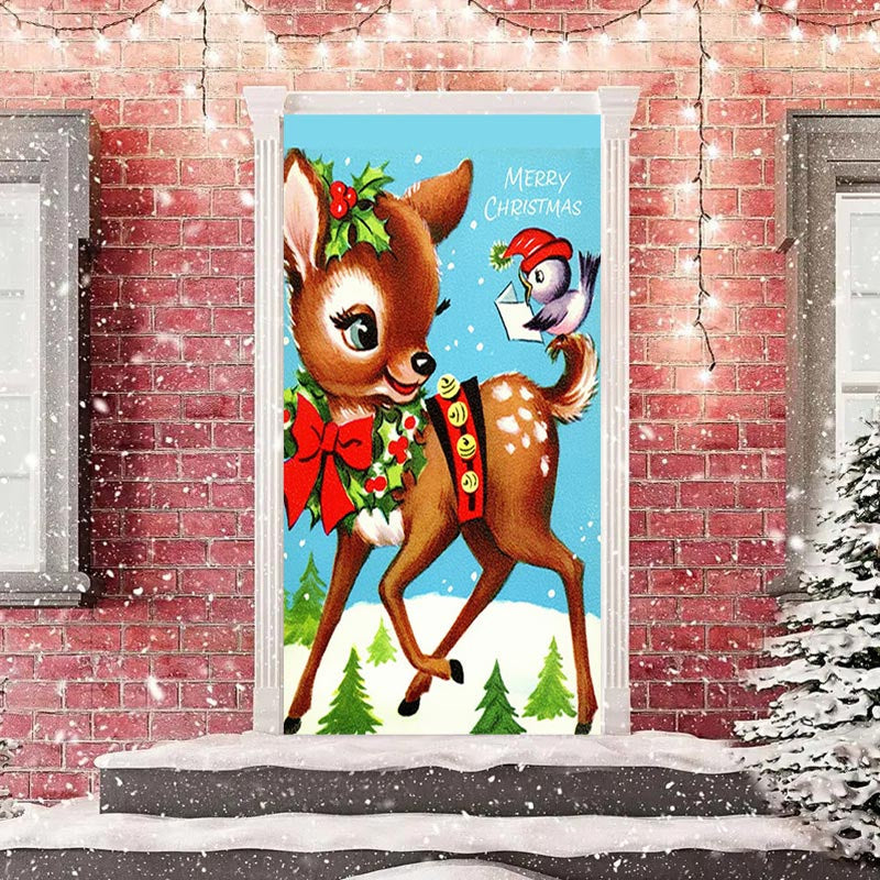 Aperturee - Blue Sky Cute Deer Bird Snowy Christmas Door Cover