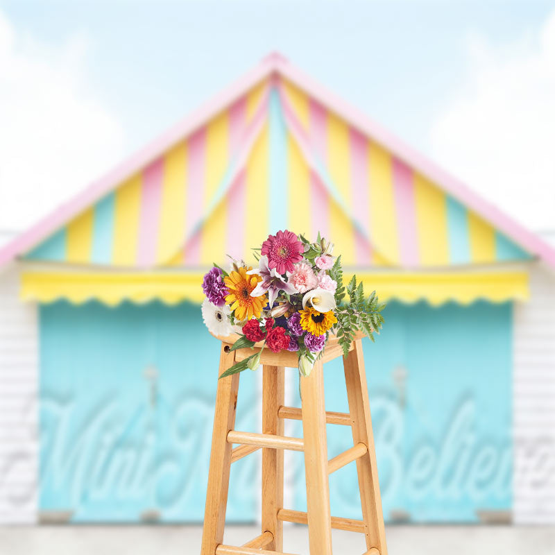 Aperturee - Blue Sky Cute Roof Blue Door Photography Backdrop