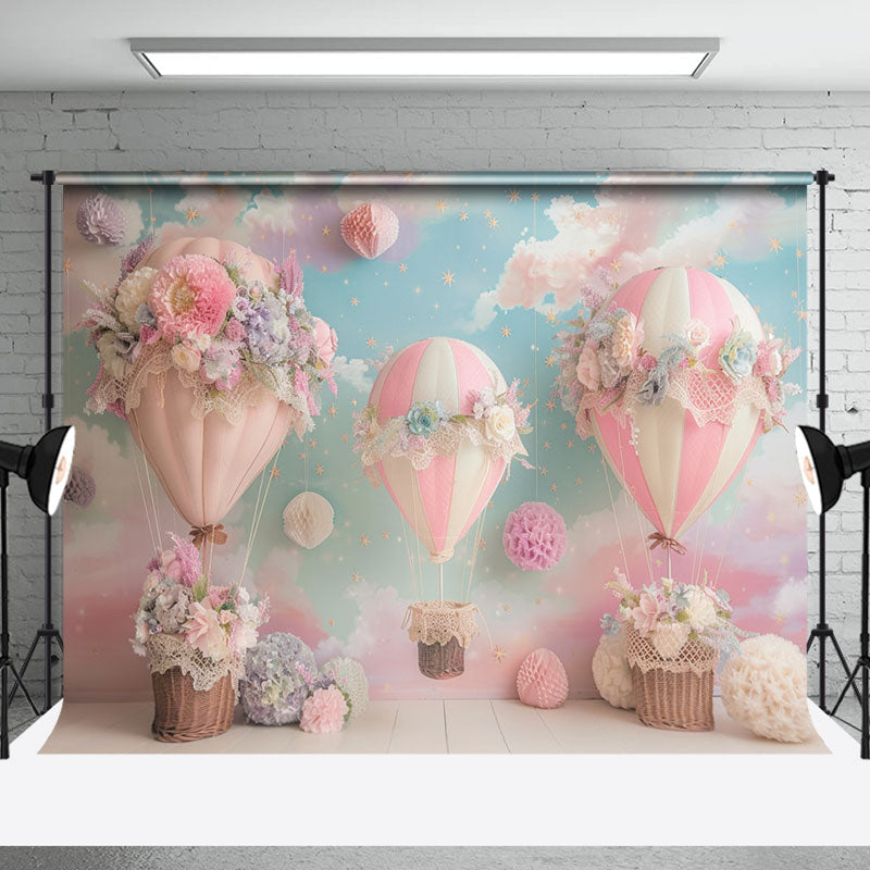 Aperturee - Blue Sky Floral Hot Air Balloon Cake Smash Backdrop