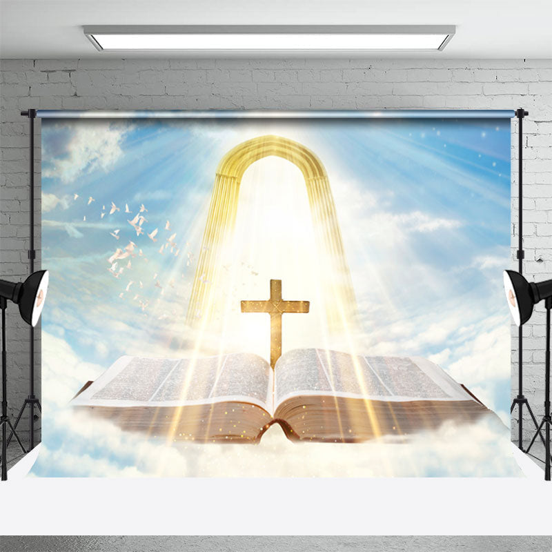 Aperturee - Blue Sky Glitter Light Cross Book Angel Backdrop