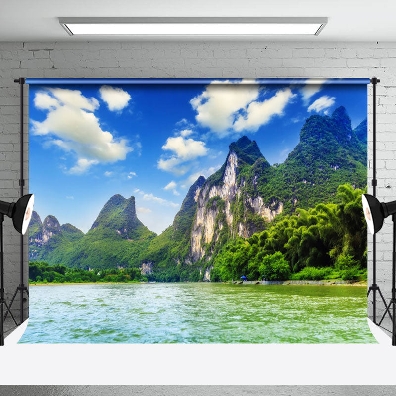 Aperturee - Blue Sky Green Water Mountains Natural Scenery Backdrop