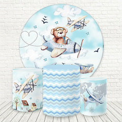 Aperturee Blue Sky Little Bear Plane Round Birthday Backdrop Kit