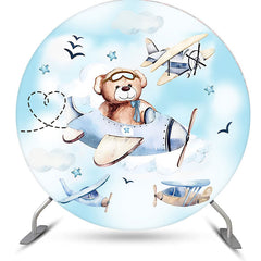 Aperturee - Blue Sky Little Bear Plane Round Birthday Backdrop Kit