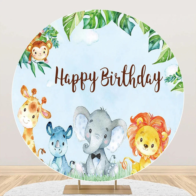 Aperturee - Blue Sky Monstera Animals Round Birthday Backdrop