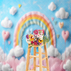 Aperturee - Blue Sky Rainbow Clouds Heart Cake Smash Backdrop