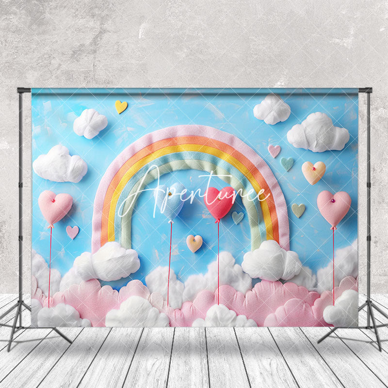 Aperturee - Blue Sky Rainbow Clouds Heart Cake Smash Backdrop