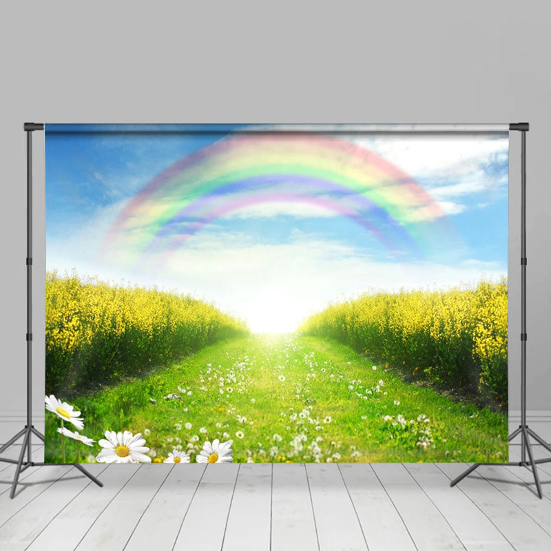 Aperturee - Blue Sky Rainbow Yellow Floral Field Spring Backdrop