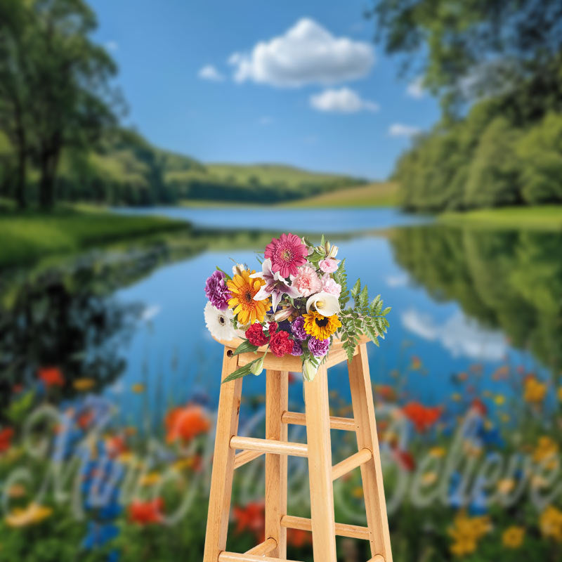 Aperturee - Blue Sky River Meadow Spring Wonderland Backdrop