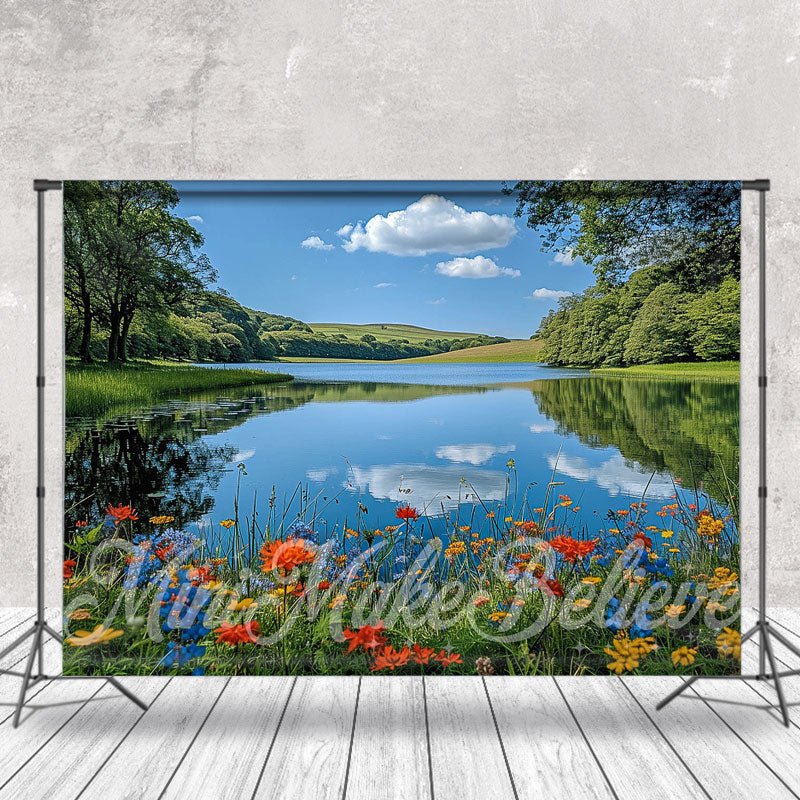 Aperturee - Blue Sky River Meadow Spring Wonderland Backdrop