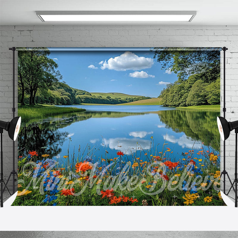 Aperturee - Blue Sky River Meadow Spring Wonderland Backdrop