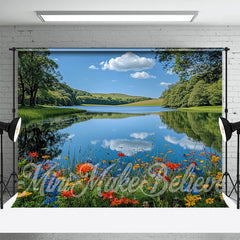 Aperturee - Blue Sky River Meadow Spring Wonderland Backdrop