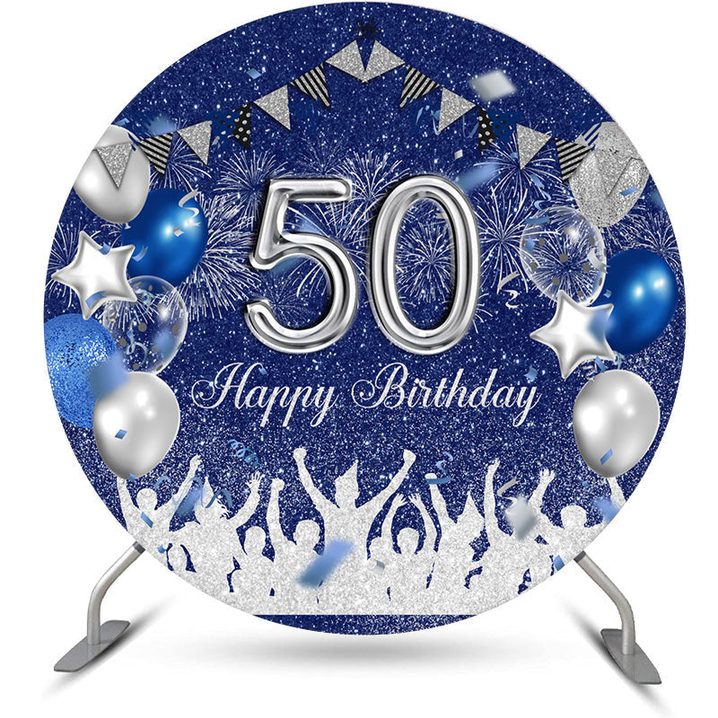 Aperturee - Blue Sliver Balloon Round 50Th Birthday Backdrop