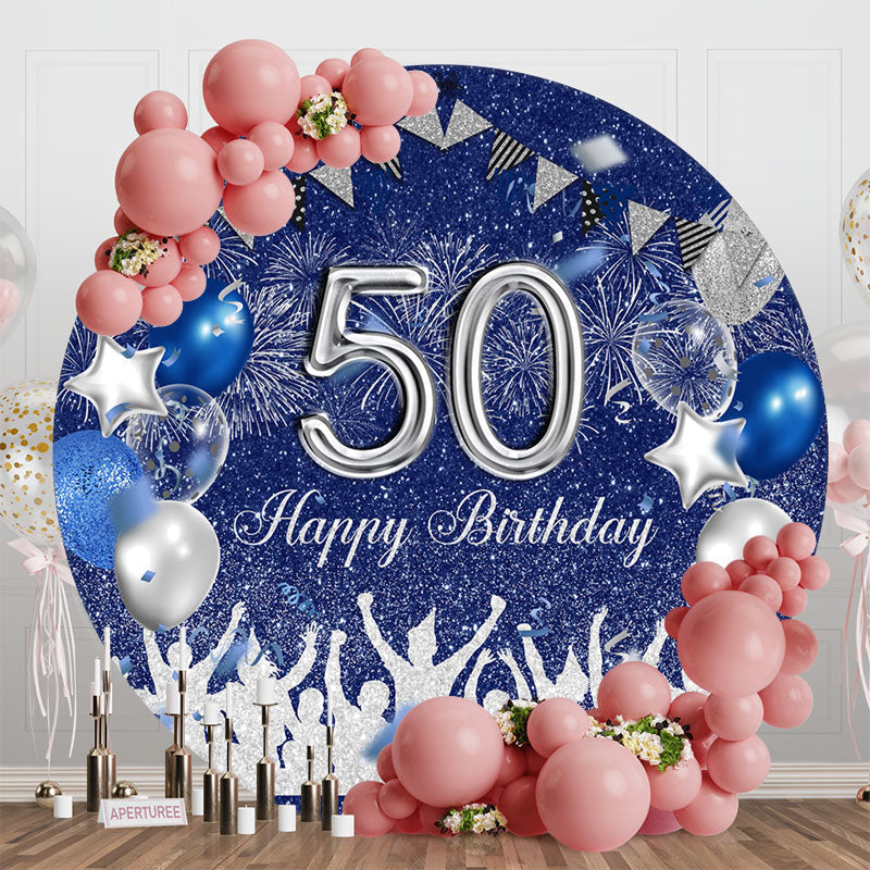 Aperturee - Blue Sliver Balloon Round 50Th Birthday Backdrop