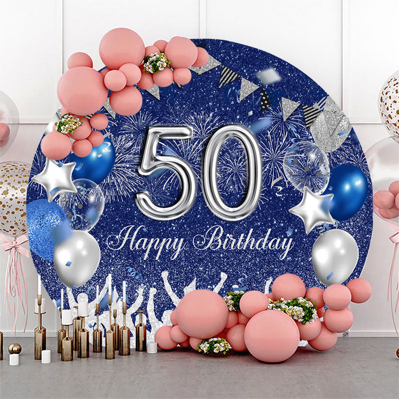 Aperturee - Blue Sliver Balloon Round 50Th Birthday Backdrop