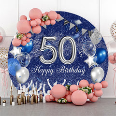 Aperturee - Blue Sliver Balloon Round 50Th Birthday Backdrop