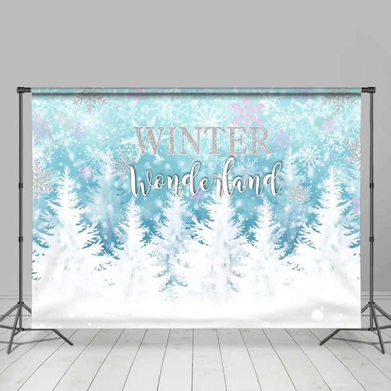 Aperturee - Blue Snowflakes Tree Wonderland Winter Backdrop