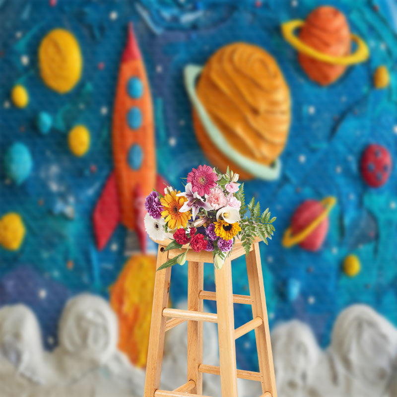 Aperturee - Blue Space Planet Rocket Birthday Backdrop For Photo