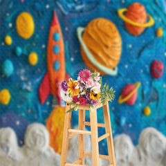 Aperturee - Blue Space Planet Rocket Birthday Backdrop For Photo