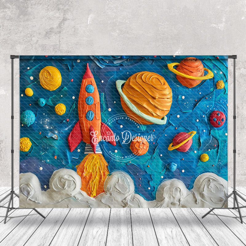 Aperturee - Blue Space Planet Rocket Birthday Backdrop For Photo