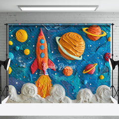 Aperturee - Blue Space Planet Rocket Birthday Backdrop For Photo