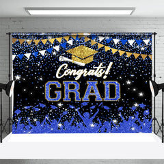 Aperturee - Blue Sparkling Star Gold Hat Graduation Backdrop