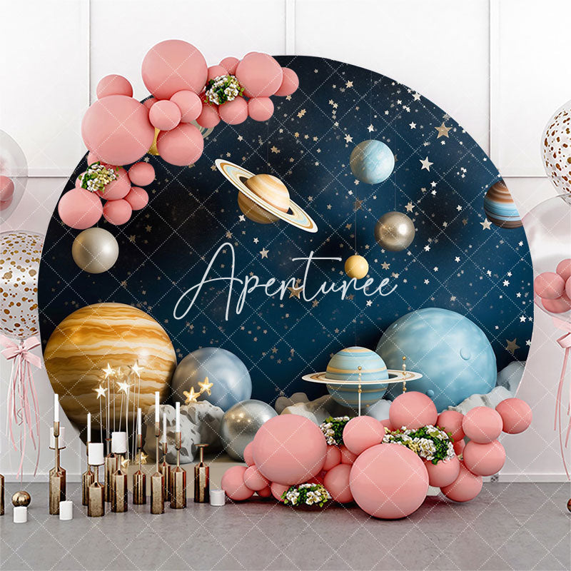 Aperturee - Blue Star Night Galaxy Round Birthday Party Backdrop