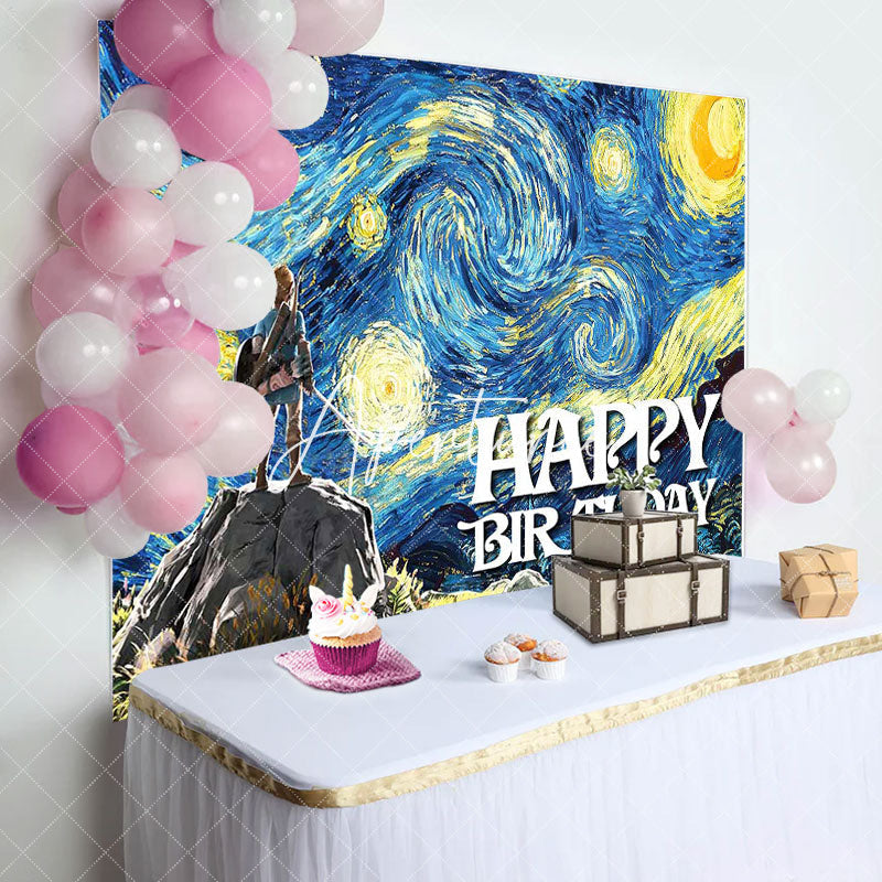 Aperturee - Blue Starry Sky Oil Painting Game Birthday Backdrop