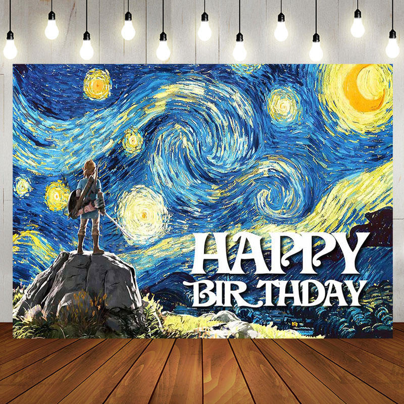 Aperturee - Blue Starry Sky Oil Painting Game Birthday Backdrop