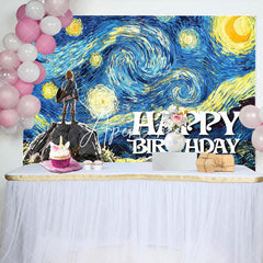 Aperturee - Blue Starry Sky Oil Painting Game Birthday Backdrop