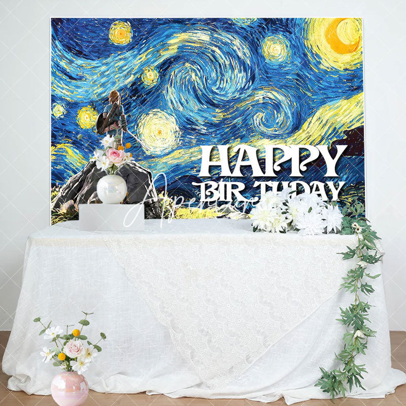 Aperturee - Blue Starry Sky Oil Painting Game Birthday Backdrop