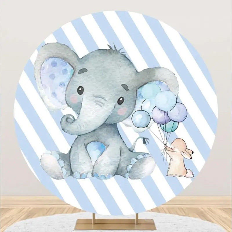 Aperturee - Blue Stripe Elephant Round Baby Shower Backdrop