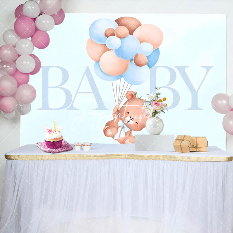 Aperturee - Blue Teddy Bear Balloons Boys Baby Shower Backdrop