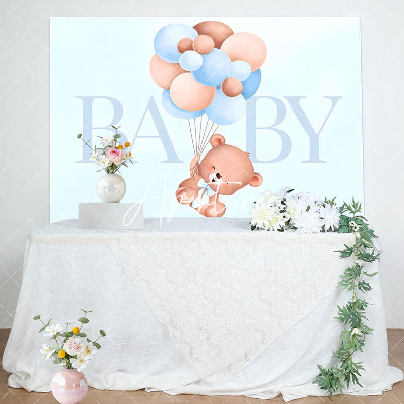 Aperturee - Blue Teddy Bear Balloons Boys Baby Shower Backdrop