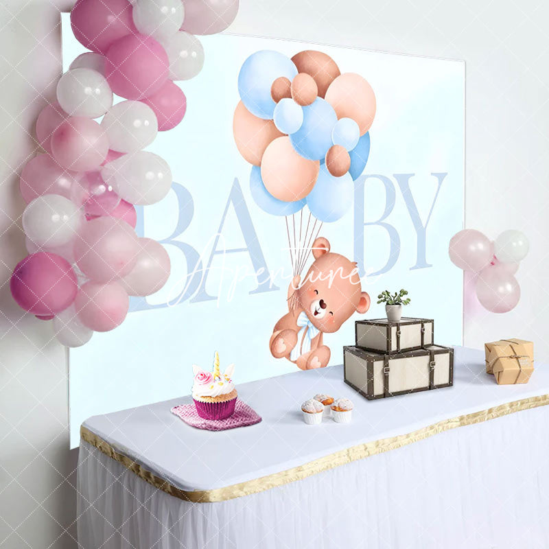 Aperturee - Blue Teddy Bear Balloons Boys Baby Shower Backdrop