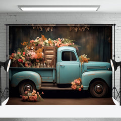 Aperturee - Blue Truck Delivery Colorful Floral Photo Backdrop