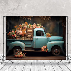 Aperturee - Blue Truck Delivery Colorful Floral Photo Backdrop