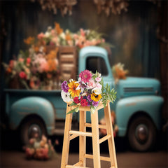 Aperturee - Blue Truck Delivery Colorful Floral Photo Backdrop