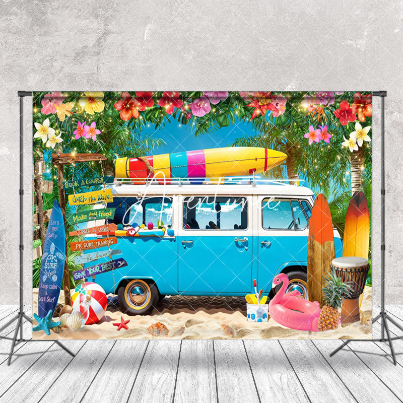 Aperturee - Blue Truck Floral Holiday Summer Photo Backdrop