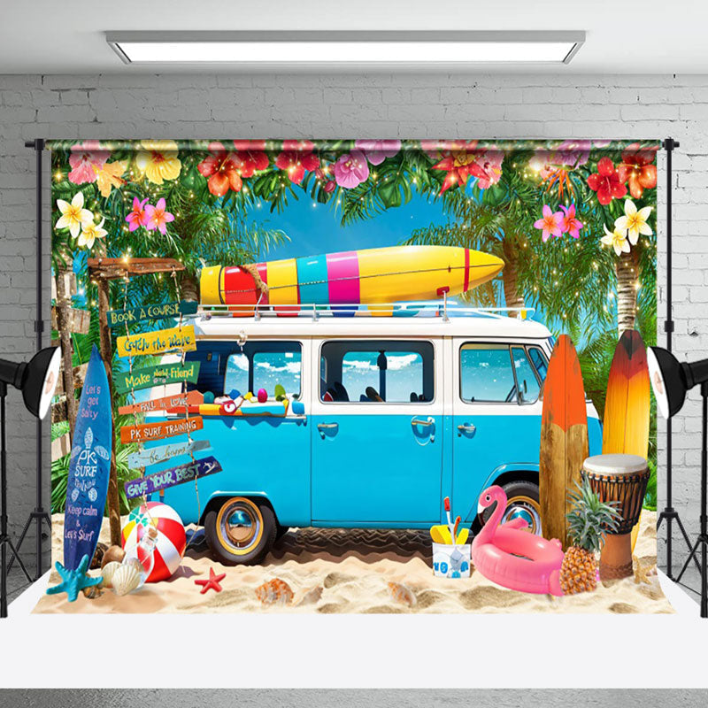 Aperturee - Blue Truck Floral Holiday Summer Photo Backdrop