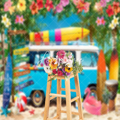 Aperturee - Blue Truck Floral Holiday Summer Photo Backdrop